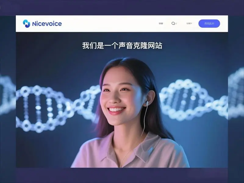 NiceVoice声音克隆官网首页：微笑女性佩戴耳机体验AI语音服务，背景DNA双螺旋与声波元素展现AI声音克隆技术，导航栏清晰标注"我们是一个声音克隆网站"品牌定位。