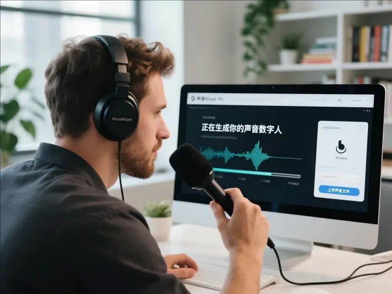 NiceVoice声音数字人生成界面：用户通过麦克风录制音频，屏幕显示"正在生成你的声音数字人"进度，波形图实时反馈AI语音处理过程，体现声音克隆技术精度。