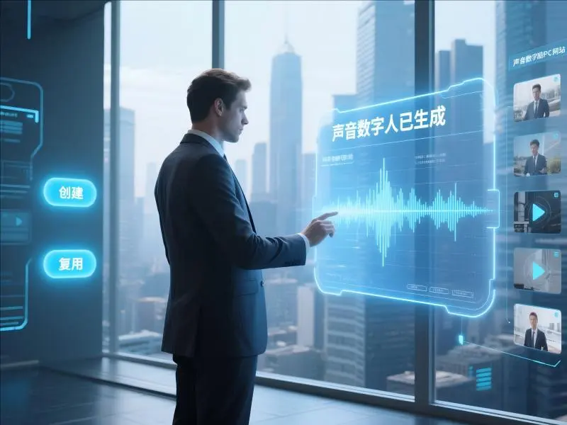 NiceVoice声音数字人应用场景：商务男士在现代化办公室操作虚拟界面，"声音数字人已生成"提示AI语音生成完成，展示声音克隆技术的商业化应用价值。
